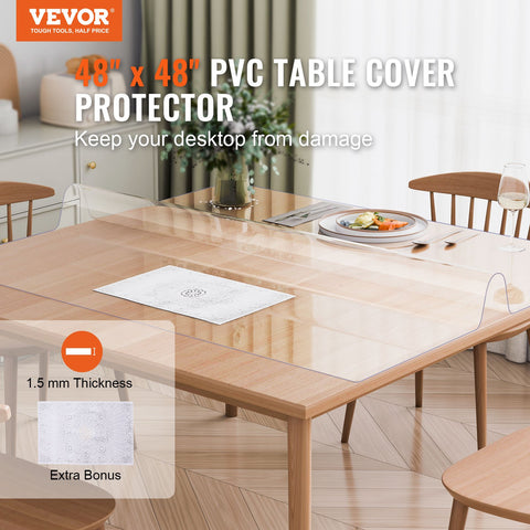 Plastic Table Cover, 48 x 48 Inch 1.5 mm Thick Clear Table Protector, Square PVC Desk Mat, Waterproof & Easy Cleaning Desk Pad Tablecloth, for Office Dresser Dining Room Table Night Stand