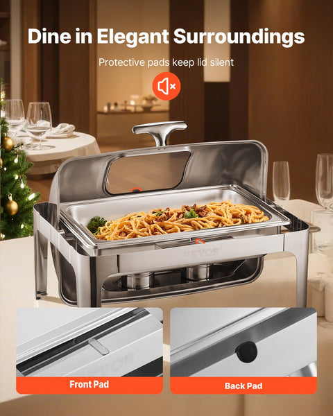 VEVOR Roll Top Chafing Dish Buffet Complete Set, 9 Qt 1 Pack Stainless Steel Chafer with 2 Half Size Pans, Rectangle Catering Warmer Server with Visible Lid Water Pan Folding Stand Fuel Holder, Silver
