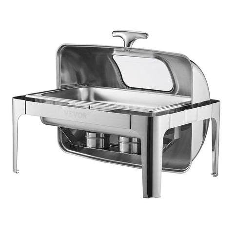 VEVOR Roll Top Chafing Dish Buffet Complete Set, 9 Qt 1 Pack Stainless Steel Chafer with 2 Half Size Pans, Rectangle Catering Warmer Server with Visible Lid Water Pan Folding Stand Fuel Holder, Silver