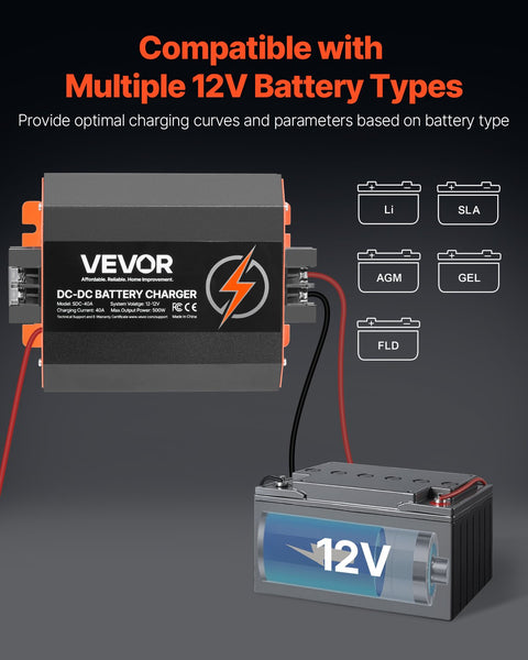 12V 40A DC to DC Battery Charger, 500W, On-Board Battery Charger for Lead-Acid, Lithium, AGM, GEL, and Flooded Batteries, Smart Multi-Stage Charging, for RVs, Commercial Vehicles, Boats, Yachts