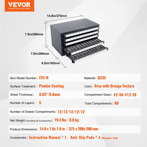 Tap Dispenser Cabinet, Five-Drawer Tap Organizer Cabinet for #2-56-#12-28 Steel Tap Dispenser Organizer Cabinet with Labels, 60-Compartment Stackable Tap Cabinet for Tap Storage