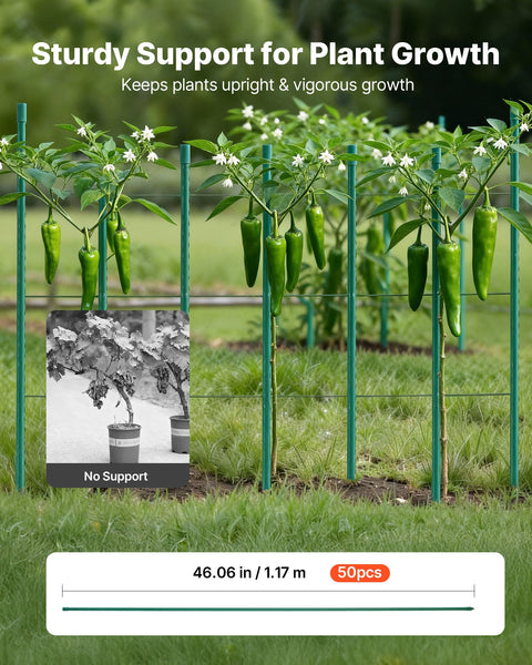 Garden Stakes, 50 Pack, 1170 mm, Plastic Coated Metal Tomato Stakes, Garden Sticks for Plants Support, with Pointed End and Non-Slip Bumps for Growing Climbing Plants, Outdoor Vegetables