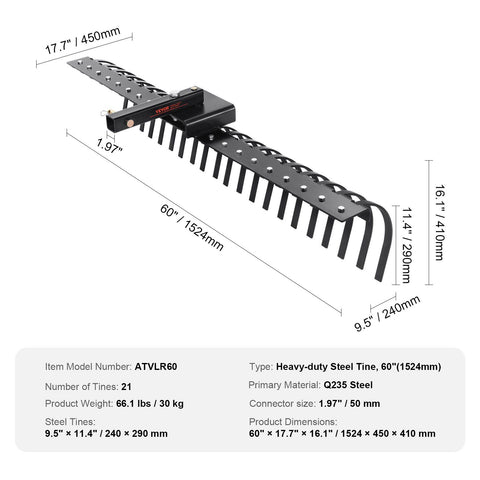 Tow Behind Landscape Rake, 1.5m Tow Dethatcher with 21 Steel Coil Tines, Lawn Dethatcher Rake Attaches to 1.2m or 15m Toolbars and 3-point Suspension Systems, for Leaves, Pine Needles, and Grass