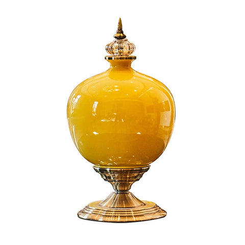 38cm Ceramic Vase with Gold Metal Base Yellow