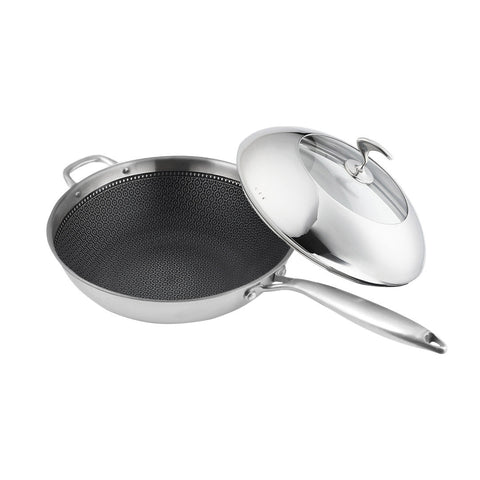 18/10 Stainless Steel 32cm Frying Pan Non Stick Interior with Helper Handle and Lid