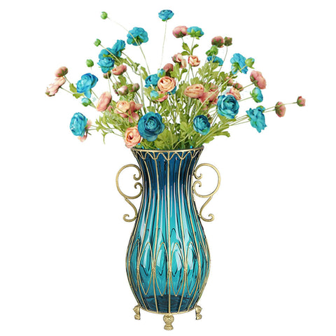 51cm Blue Glass Floor Vase with 12pcs Artificial Flower Set
