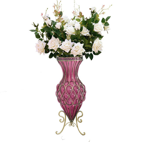 67cm Purple Glass Floor Vase and 12pcs White Artificial Fake Flower Set
