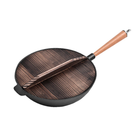 31cm Cast Iron Wok FryPan with Wooden Lid