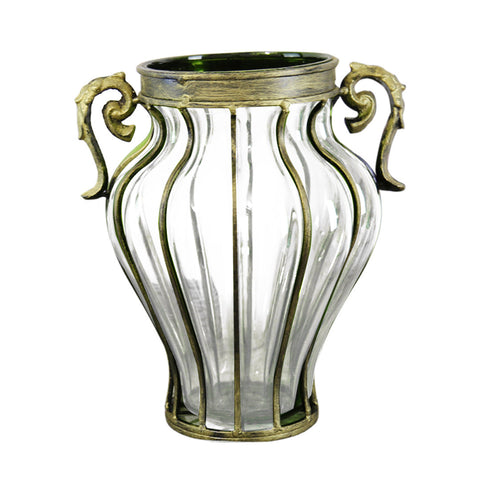 Clear European Glass Flower Vase with Two Metal Handle