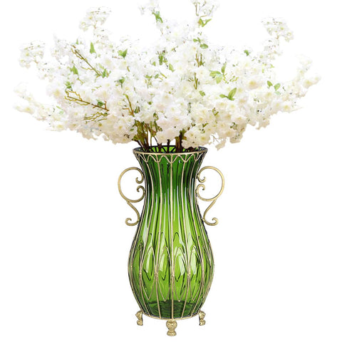 51cm Green Glass Floor Vase and 10pcs White Artificial Flower Set