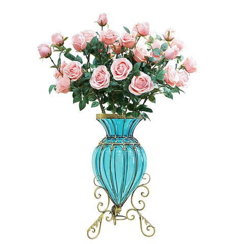 Blue Glass Floor Flower Vase 8 Bunch 5 Heads Artificial Silk Rose Set