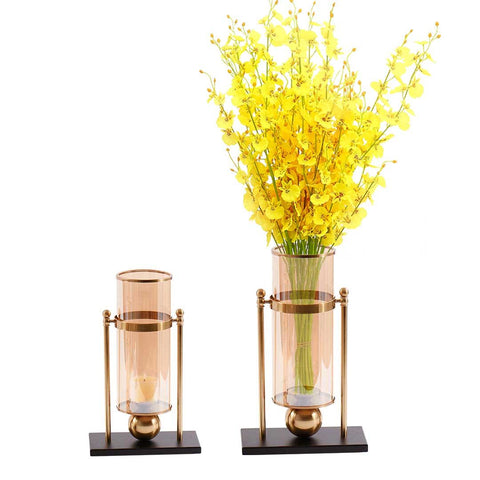 42cm 32cm Transparent Glass Vase with Yellow Flower and Candle Set