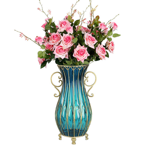 51cm Blue Glass Floor Vase with 12pcs Pink Artificial Flower Set