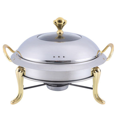 Stainless Steel Gold Accents Round Chafing Dish with Glass Top Lid