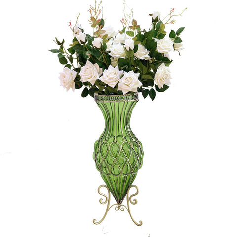 67cm Green Glass Floor Vase and 12pcs White Artificial Flower Set