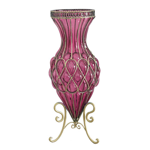 67cm Purple Glass Floor Vase with Metal Stand