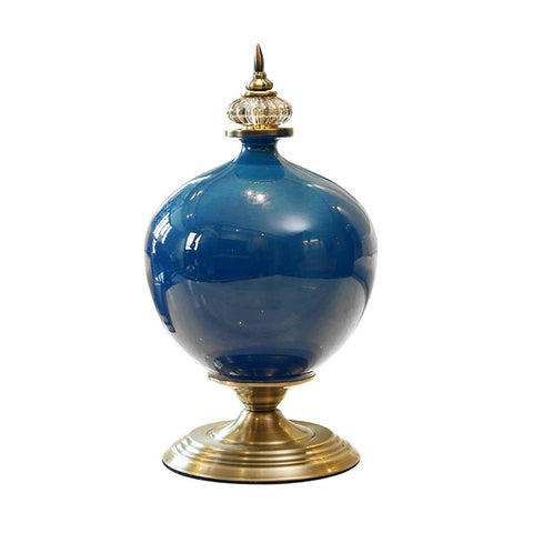 38cm Ceramic Vase with Gold Metal Base Dark Blue