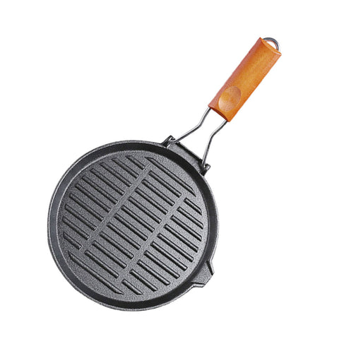 24cm Round Ribbed Cast Iron Skillet Pan with Folding Wooden Handle