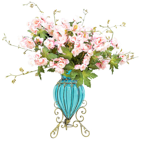 Blue Glass Floor Flower Vase with 8 Bunch 3 Heads Artificial Silk Hibiscus Set
