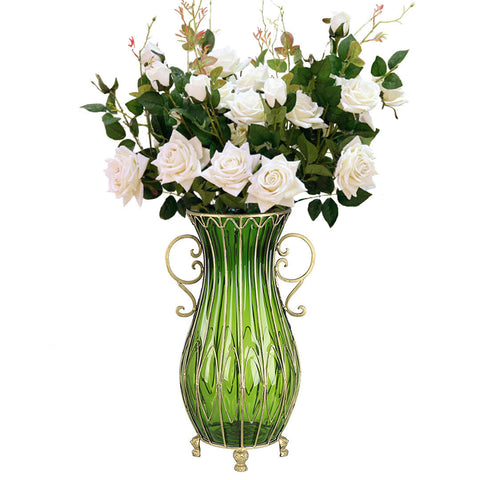 51cm Green Glass Floor Vase with 12pcs White Artificial Flower Set