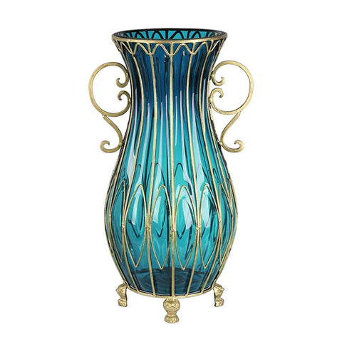 51cm Blue Glass Floor Vase with Metal Stand