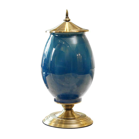 40cm Ceramic Vase with Gold Metal Base Dark Blue