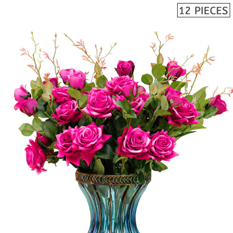 12 Heads Artificial Silk Rose Bouquet Dark Pink