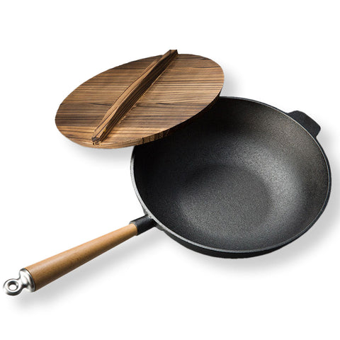 31cm Cast Iron Wok FryPan with Wooden Lid