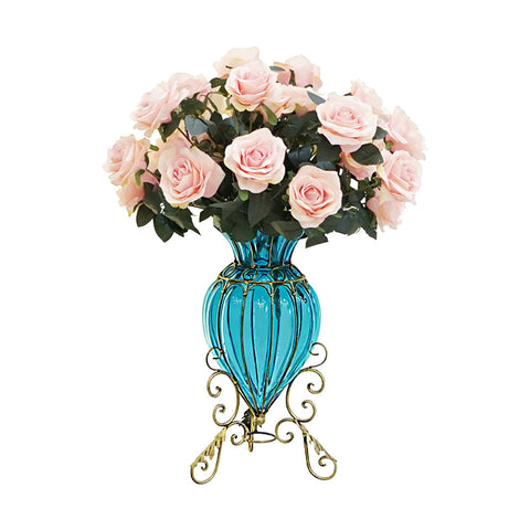 Blue European Glass Floor Flower Vase with Metal Stand