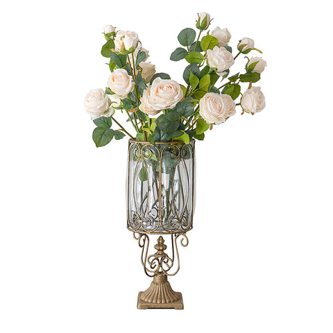 European Clear Glass Flower Vase with Gold Metal Pattern