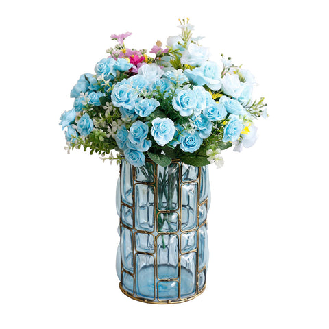 Blue European Glass Flower Vase with Gold Metal Pattern