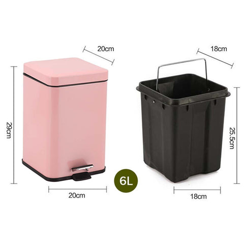 Foot Pedal Stainless Steel Trash Bin Square 6L Pink