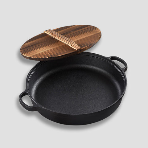 35cm Round Cast Iron Frying Pan with Wooden Lid