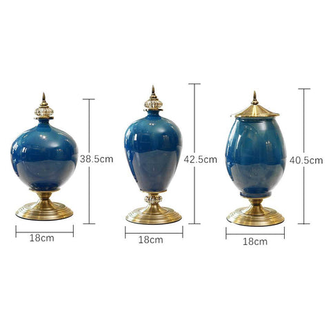 3x Ceramic Vase with Blue Flower Set Dark Blue