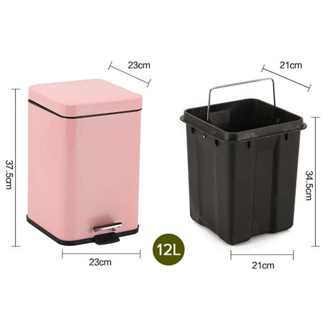 Foot Pedal Stainless Steel Trash Bin Square 12L Pink