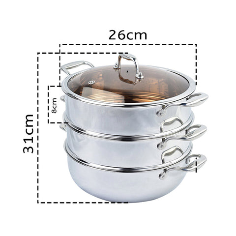 3 Tier 26cm Stainless Steel Food Steamer with Glass Lid