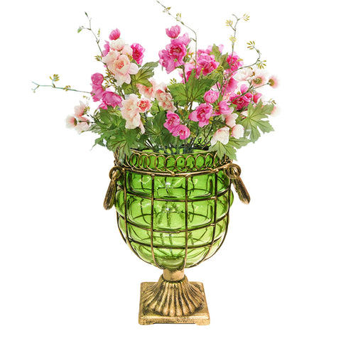 Green European GlassFlower Vase with Metal Handle