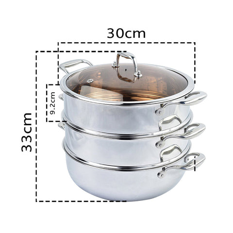 3 Tier 30cm Stainless Steel Food Steamer with Glass Lid