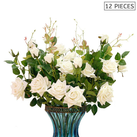 12 Heads Artificial Silk Rose Bouquet White