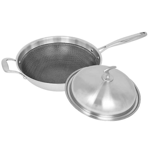 18/10 Stainless Steel 34cm Frying Pan Textured Non Stick Interior with Helper Handle and Lid