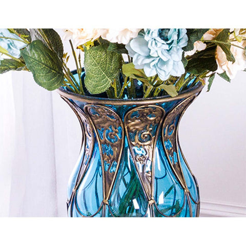 85cm Blue Glass Floor Vase with Tall Metal Stand