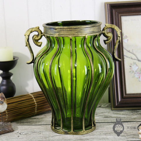 Green European Glass Flower Vase with Two Metal Handle