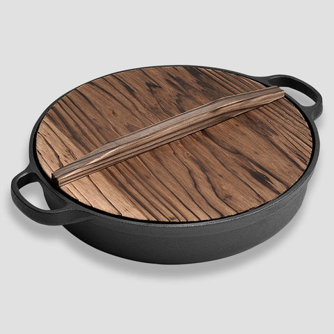 29cm Round Cast Iron Frying Pan with Wooden Lid