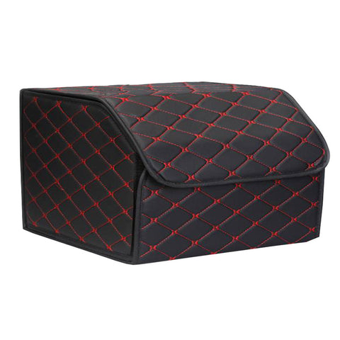 Leather Car Boot Foldable Trunk Cargo Organizer Box Black/Red Stitch Medium