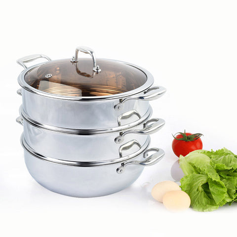 3 Tier 28cm Stainless Steel Food Steamer with Glass Lid