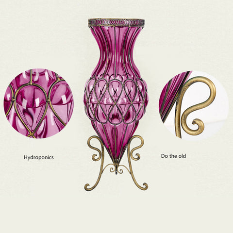 67cm Purple Glass Floor Vase and 12pcs Dark Pink Artificial Flower Set