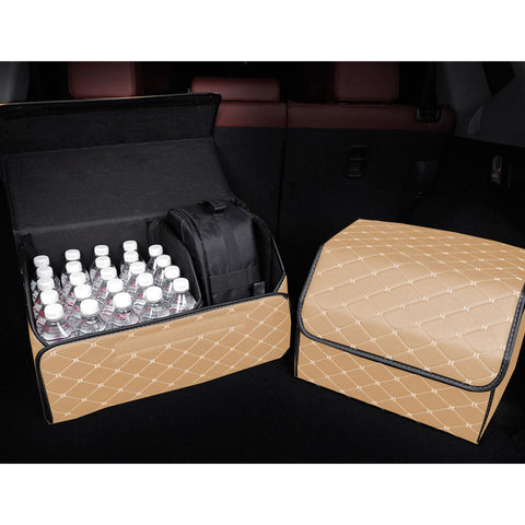 Leather Car Boot Foldable Trunk Cargo Organizer Box Beige/Gold Stitch Medium