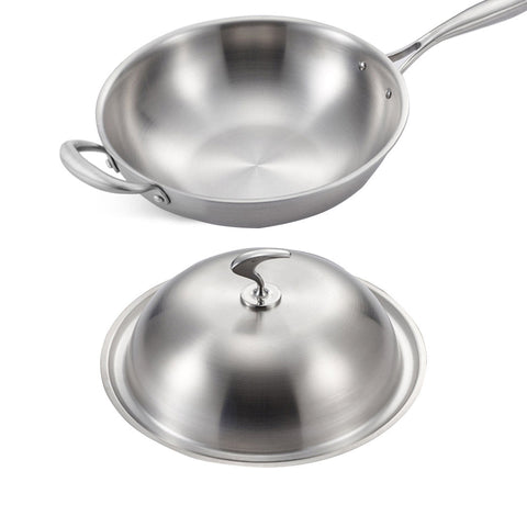 18/10 Stainless Steel 34cm Frying Pan Skillet with Helper Handle and Lid