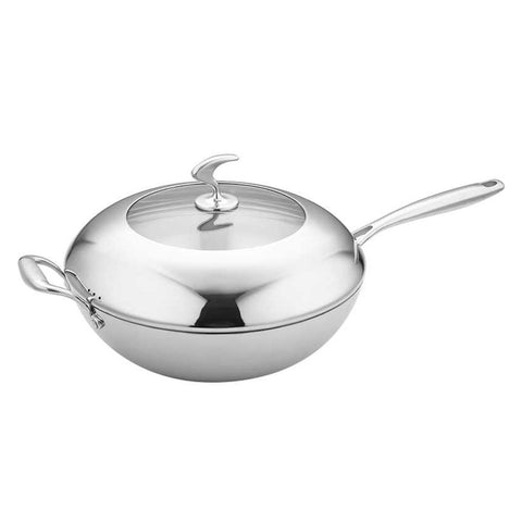 18/10 Stainless Steel 32cm Frying Pan Non Stick Interior with Helper Handle and Lid