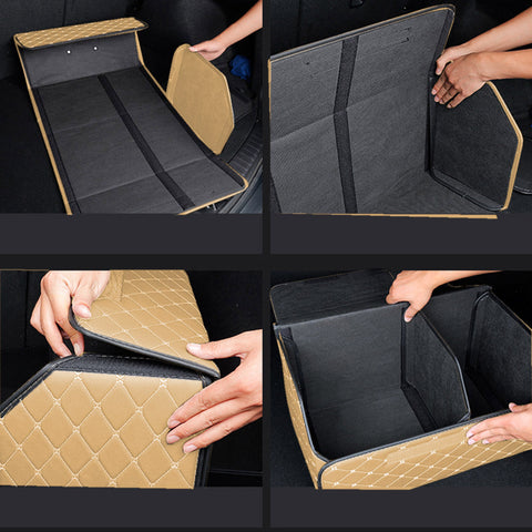Leather Car Boot Foldable Trunk Cargo Organizer Box Beige/Gold Stitch Medium